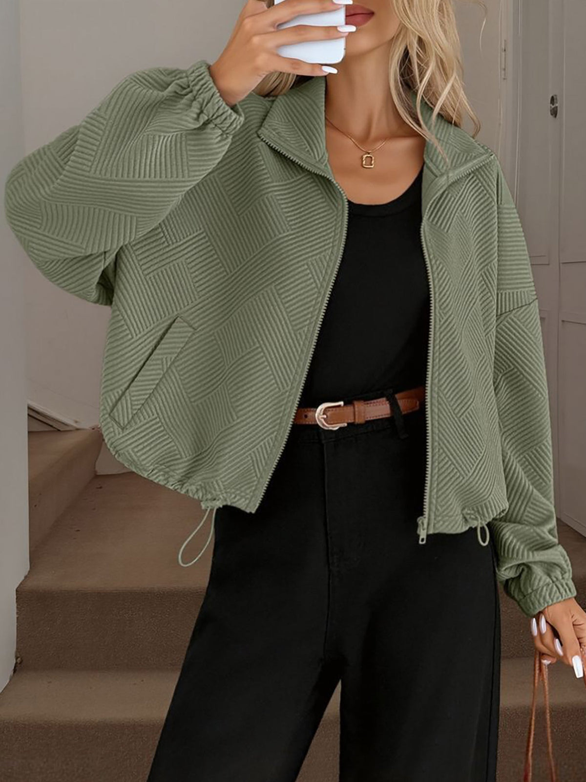 Zipper Drawstring Pocket Loose Fit Baseball Jacket
