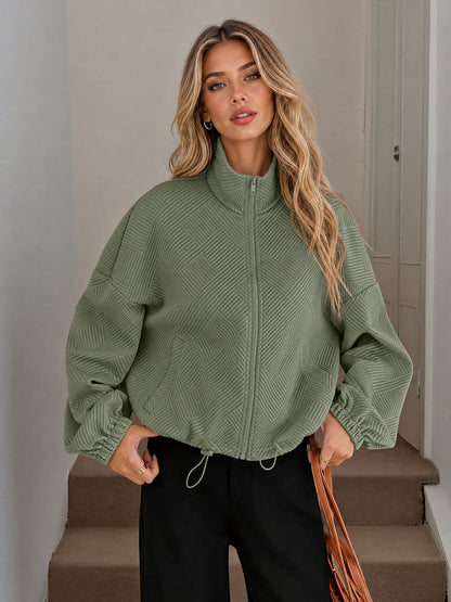 Zipper Drawstring Pocket Loose Fit Baseball Jacket
