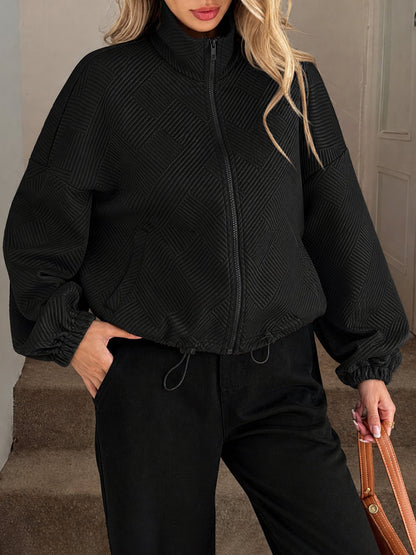 Zipper Drawstring Pocket Loose Fit Baseball Jacket