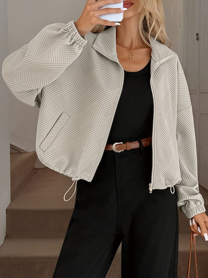 Zipper Drawstring Pocket Loose Fit Baseball Jacket