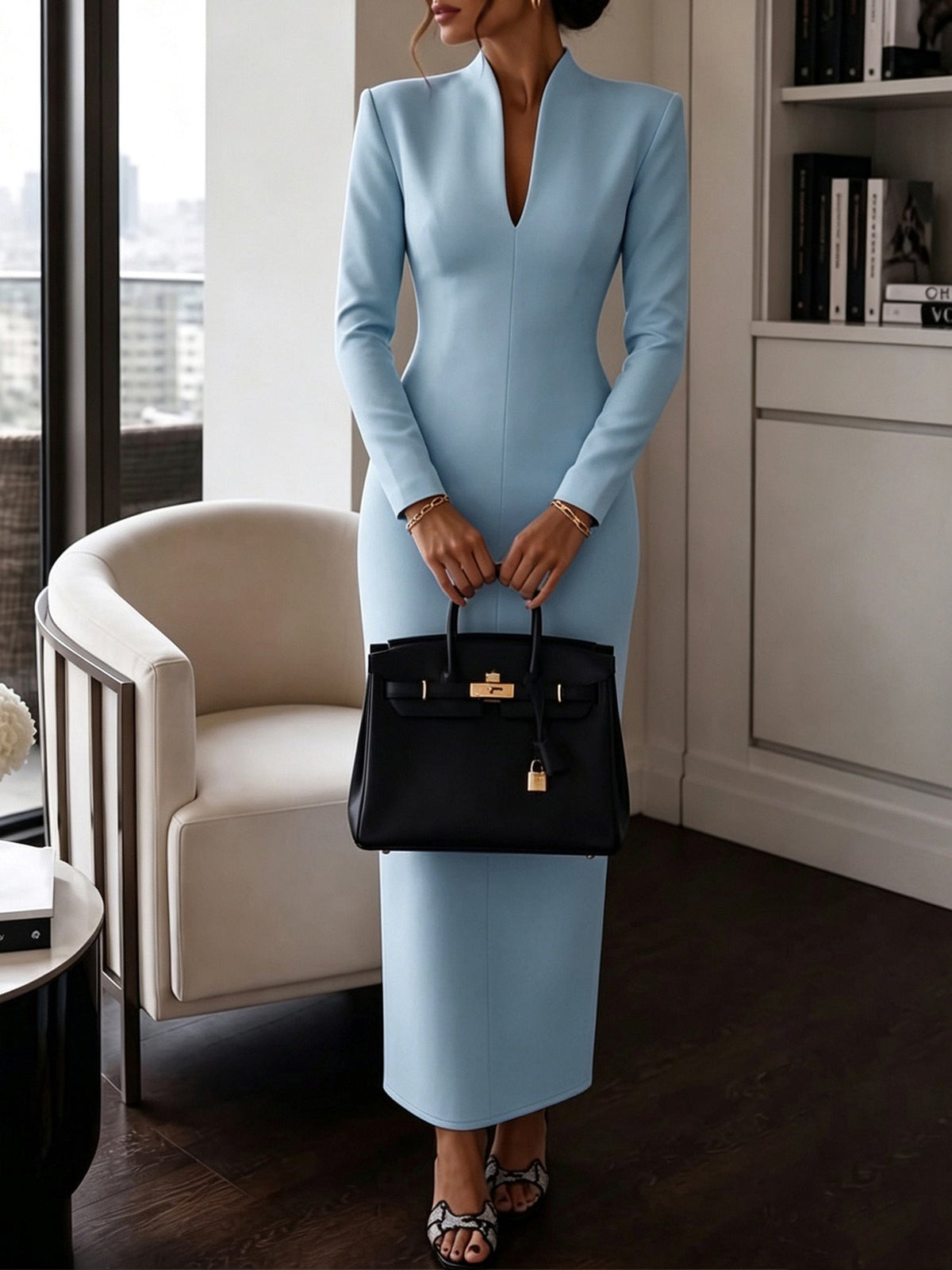 Tailored Long Sleeves Bodycon Slit Maxi Dress