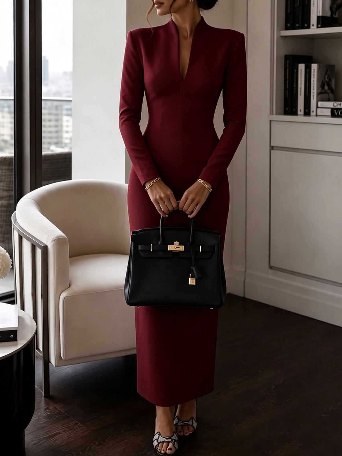 Tailored Long Sleeves Bodycon Slit Maxi Dress