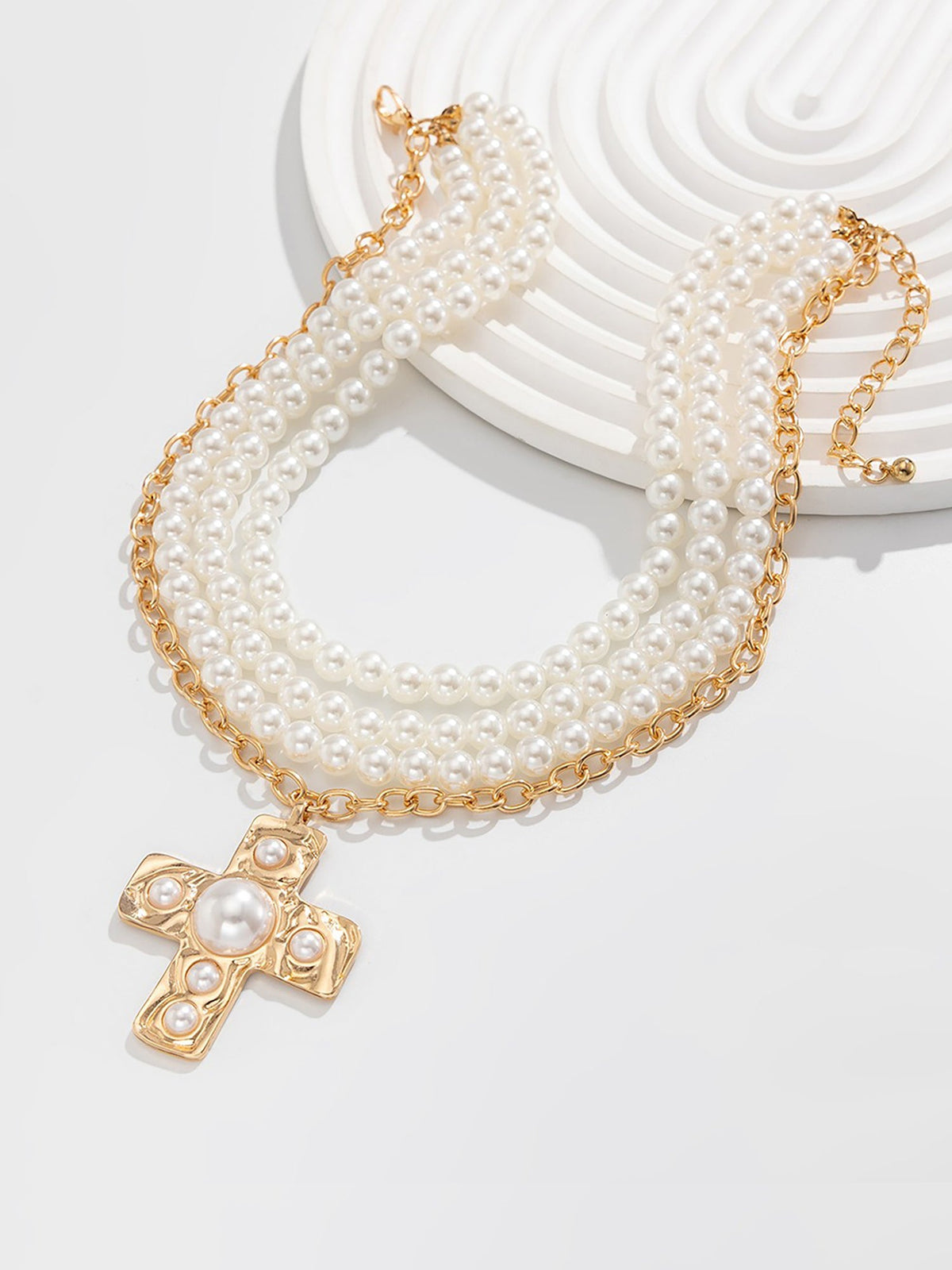 Halloween Multi Layer Faux Pearl Cross Pendant Necklace