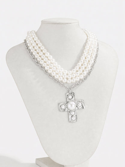 Halloween Multi Layer Faux Pearl Cross Pendant Necklace