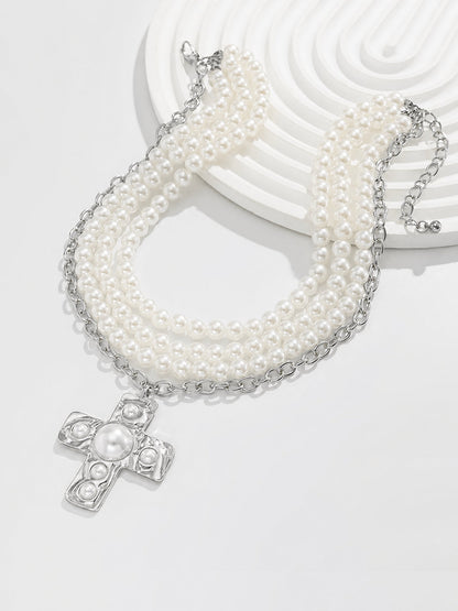 Halloween Multi Layer Faux Pearl Cross Pendant Necklace